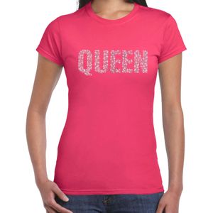 Glitter Queen t-shirt roze met steentjes/ rhinestones voor dames - Glitter kleding/ foute party outfit