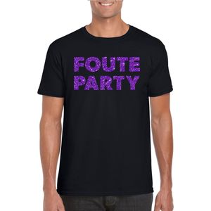 Zwart Foute Party t-shirt met paarse glitters heren - Fout/themafeest/feest kleding
