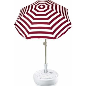 Rood gestreepte lichtgewicht strand/tuin basic parasol van nylon 180 cm + vulbare parasolvoet wit van plastic