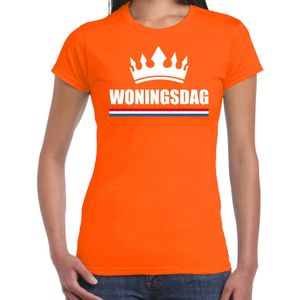 Koningsdag t-shirt Woningsdag met witte kroon oranje voor dames - Woningsdag - thuisblijvers / Kingsday thuis vieren