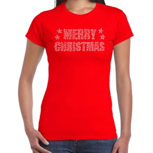 Glitter kerst t-shirt rood Merry Christmas glitter steentjes/ rhinestones  voor dames - Glitter kerst shirt/ outfit