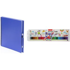 Blauw schetsboek/tekenboek met 50 viltstiften - Tekenen/kleuren