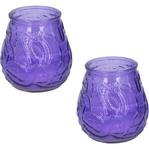 Set van 2x stuks citronella lowboy tafelkaars in paars glas - 10 cm - 15 branduren