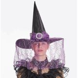 Verkleed heksenhoed - met sluier - zwart/paars - volwassenen - Halloween hoofddeksels