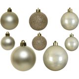 Kerstversiering kunststof kerstballen parel/champagne 6-8-10 cm pakket van 27x stuks - Met glans glazen piek van 26 cm