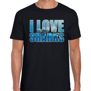 Tekst shirt I love sharks met dieren foto van een haai zwart voor heren - cadeau t-shirt haaien liefhebber