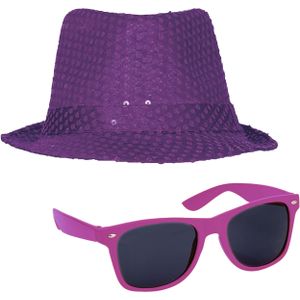 Carnaval verkleed set compleet - hoedje en zonnebril - paars - heren/dames - glimmend - verkleedkleding
