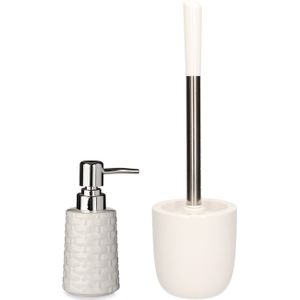 Excellent Houseware WC-/toiletborstel houder dolomiet wit met zeeppompje 350 ml