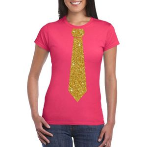 Roze fun t-shirt met stropdas in glitter goud dames