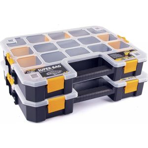B- 2x -Home Sorteerbox/vakjes koffer - voor spijkers/schroeven/kleine spullen - 15 vaks - kunststof - zwart - 44 x 32 x 7.5 cm