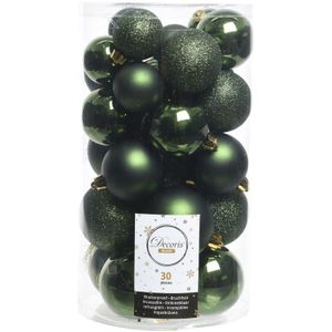 30x Donkergroene kunststof kerstballen 4 - 5 - 6 cm - Mat/glans/glitter - Onbreekbare plastic kerstballen - Kerstboomversiering donkergroen