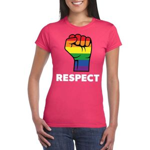 Respect LGBT shirt met regenboog vuist roze dames - LGBT/ Lesbische shirts