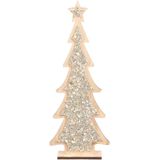 2x stuks kerstdecoratie houten kerstboom glitter zilver 35,5 cm  - Vensterbank kerstdecoratie houten kerstbomen