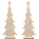 2x stuks kerstdecoratie houten kerstboom glitter zilver 35,5 cm  - Vensterbank kerstdecoratie houten kerstbomen
