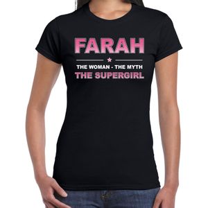 Naam cadeau Farah - The woman, The myth the supergirl t-shirt zwart - Shirt verjaardag/ moederdag/ pensioen/ geslaagd/ bedankt