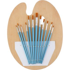 Set van 12x stuks schilder penselen met houten palet - Penselen/verfkwasten voor kinderen