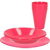 9-delig ontbijt/diner set van hard kunststof roze - outdoor camping