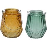 Set van 2x stuks theelichthouders/waxinelichthouders ruit/streep glas cognac/oranje en zeegroen met metalen handvat 11 x 13 cm