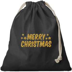 6x Kerst Merry Christmas gouden glitters cadeauzakje zwart met sluitkoord - katoenen / jute zak - Kerst cadeauverpakking zakjes