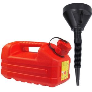 Jerrycan rood voor olie en brandstof van 5 liter met een handige grote trechter van 39 cm