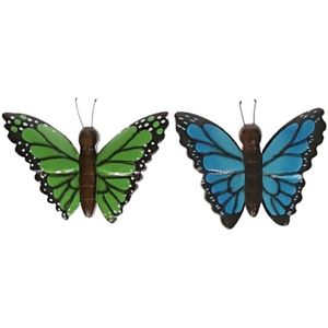 2x Houten dieren magneten groene en blauwe vlinder