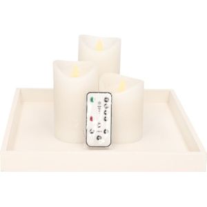 Kaarsenonderbord/plateau hout vierkant met 3x LED kaarsen wit - Woonaccessoires/woondecoraties - Kerst tafeldocoraties