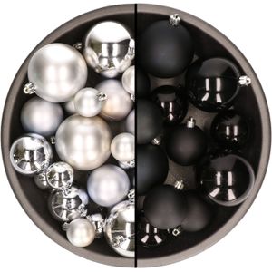 Kerstversiering kunststof kerstballen kleuren mix zwart/zilver 4-6-8 cm pakket van 68x stuks