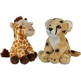 Ravensden - Safari Dieren Knuffels - 2x Stuks - Cheetah en Giraffe - 15 cm