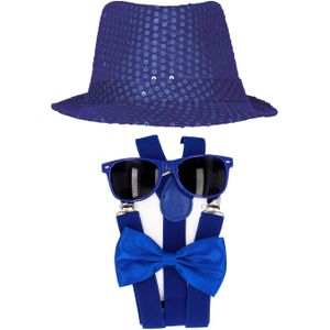 Carnaval verkleed set compleet - glitter hoedje/bretels/party bril/strikje - blauw - heren/dames - verkleedkleding
