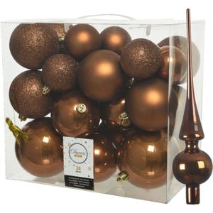 Kunststof kerstballen met glazen piek - kaneel bruin - 27-delig