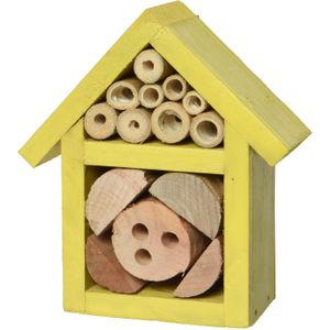 Klein geel vlinderhuis/bijenhuis/wespenhotel voor insecten 11 cm - Tuindecoratie - Diervriendelijk - Hotel/huisje voor insecten - Bijenhuis/vlinderhuis/lieveheersbeestjehuis