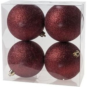 4x Donkerrode kunststof kerstballen 10 cm - Glitter - Onbreekbare plastic kerstballen - Kerstboomversiering donkerrood