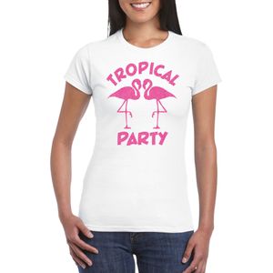 Bellatio Decorations Tropical party T-shirt dames - met glitters - wit/roze - carnaval/themafeest