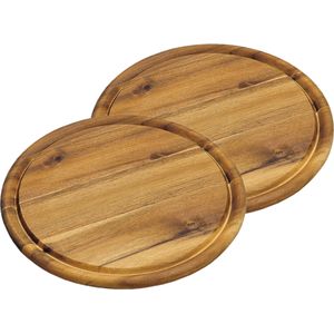 2x stuks houten broodplanken/serveerplanken rond met sapgroef 25 cm - Snijplanken/serveerplanken van hout