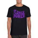 Toppers Zwart Flower Power t-shirt met paarse letters heren - Sixties/jaren 60 kleding
