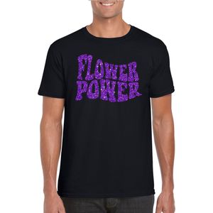 Toppers in concert Zwart Flower Power t-shirt met paarse letters heren - Sixties/jaren 60 kleding