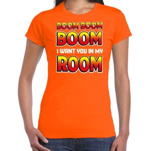 Bellatio Decorations Foute party t-shirt dames - Boom boom boom i want you in my room -oranje -carnaval