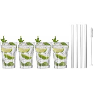 4x Cocktailglazen / Mojito glazen transparant 410 ml - Inclusief 4x glazen herbruikbare rietjes