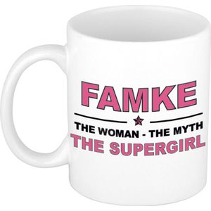 Naam cadeau Famke - The woman, The myth the supergirl koffie mok / beker 300 ml - naam/namen mokken - Cadeau voor o.a  verjaardag/ moederdag/ pensioen/ geslaagd/ bedankt