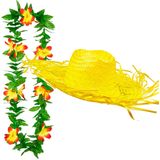 Carnaval verkleed set - Tropische Hawaii party - stro hoed geel - met bloemenslinger groen/geel - volwassenen