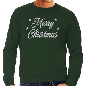 Foute Kersttrui / sweater - Merry Christmas - zilver / glitter - groen - heren - kerstkleding / kerst outfit