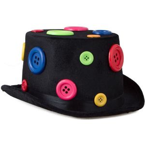 Verkleed hoge hoed / clownshoed voor volwassenen zwart met knopen - Carnaval clown kostuum hoeden