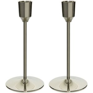Set van 2x stuks luxe diner kaarsen staande kandelaar aluminium kleur zilver 15 cm - Diameter onderkant 7 cm