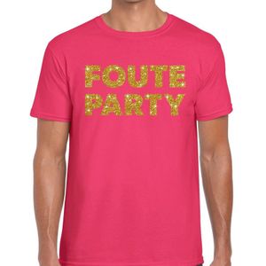 Foute Party gouden glitter tekst t-shirt roze heren - Foute party kleding