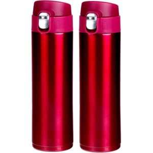 2x stuks RVS thermosflessen / isoleerflessen voor onderweg 450 ml fuchsia roze - Thermoflessen