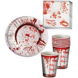 Tafel dekken Halloween feestartikelen bloederige print 12x bordjes/12x drink bekers/20x servetten - Horror tafeldecoratie