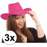 3x Voordelige roze cowboy hoeden met stiksels