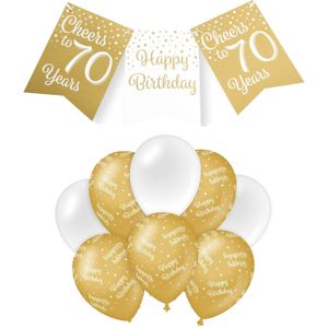 Paperdreams Luxe 70 jaar/Happy Birthday feestversiering set - Ballonnen &amp; vlaggenlijnen - wit/goud