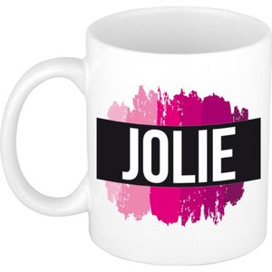 Jolie  naam cadeau mok / beker met roze verfstrepen - Cadeau collega/ moederdag/ verjaardag of als persoonlijke mok werknemers