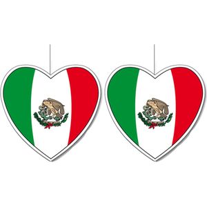 3x stuks mexico vlag hangdecoratie hartjes vorm karton 14 cm - Brandvertragend - Feestartikelen/decoraties